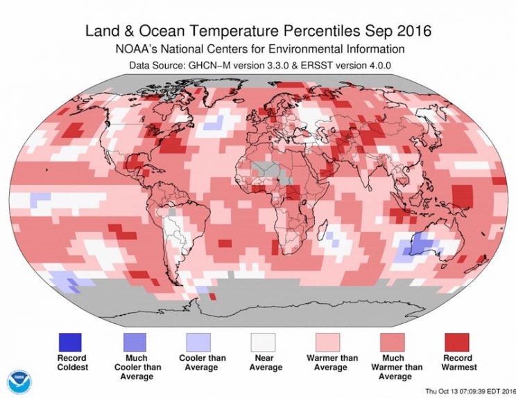 Odstupanje globalne temperature u rujnu 2016.; NOAA